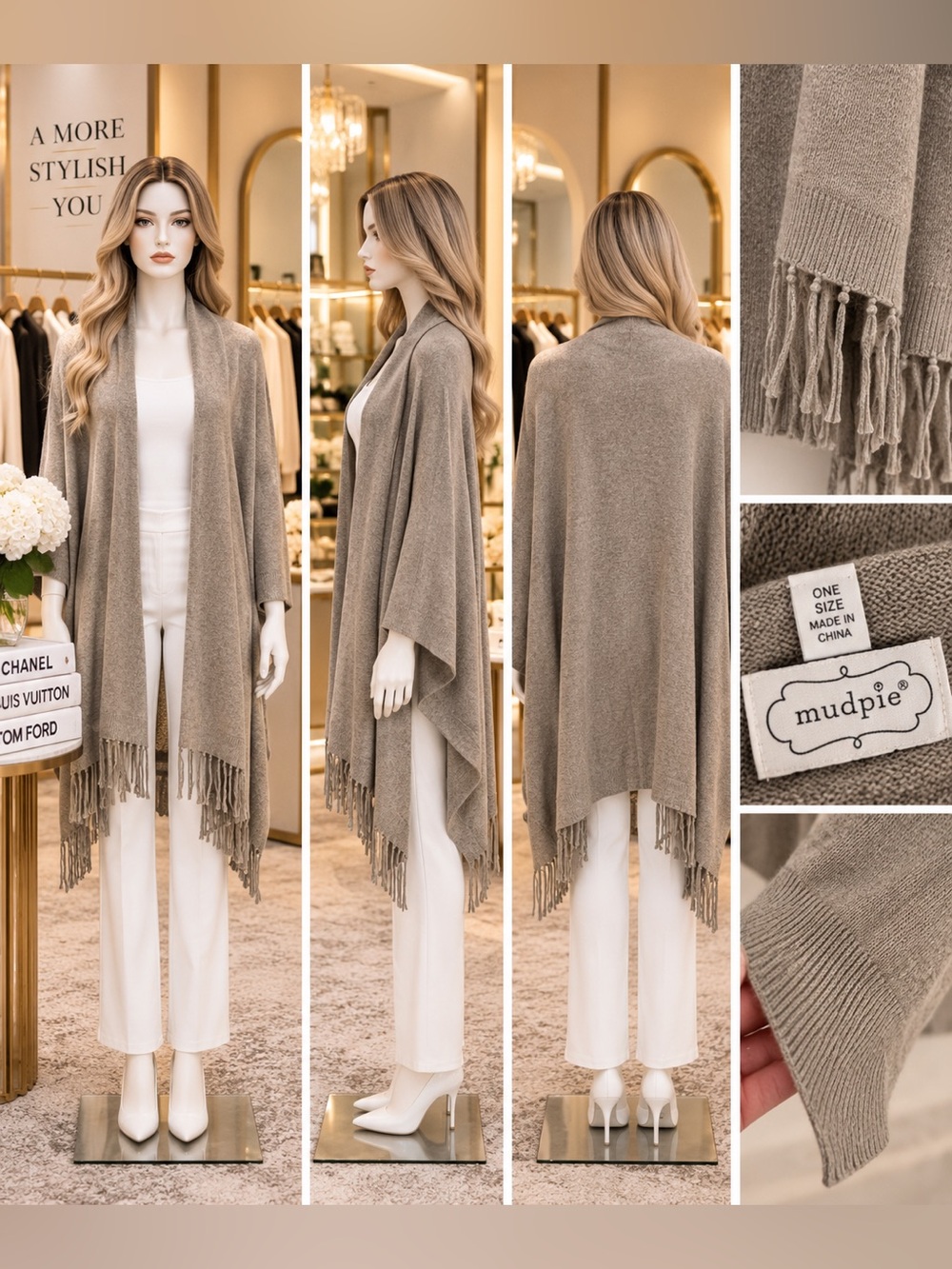 Mud Pie Gray Open-Front Fringe Sweater Wrap